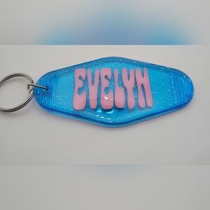Vintage Styled Transparent Blue And Pink Evelyn Motel Keychain